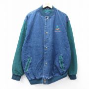 XL★古着 長袖 デニム ジャケット スタジャン メンズ YOCAHU 大きいサイズ ロング丈 コットン 紺他 ネイビー 【spe】 25oct16 中古 アウター