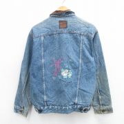 L★古着 マルボロ 長袖 ジージャン メンズ 90年代 90s キノコ 妖精 刺繍 襟レザー 紺 ネイビー デニム 25oct21 中古 アウター Gジャン ジャケット