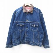 XL★古着 マルボロ 長袖 ジージャン メンズ 90年代 90s 襟レザー コットン 濃紺 ネイビー デニム他 25nov05 中古 アウター Gジャン デニム ジャケット