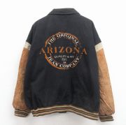 XL★古着 アリゾナジーンズ 長袖 デニム ジャケット スタジャン メンズ ビッグロゴ 刺繍 大きいサイズ コットン レザー使用 黒【spe】 26feb14