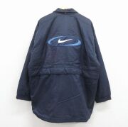 XL★古着 ナイキ NIKE 長袖 ジャケット メンズ 90年代 90s ビッグロゴ 刺繍 大きいサイズ ロング丈 紺 内側キルティング【spe】 26mar17