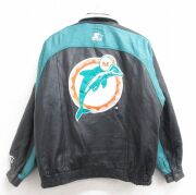 XL★古着 スターター 長袖 レザー ジャケット メンズ NFL マイアミドルフィンズ 刺繍 黒他 アメフト スーパーボウル【spe】 26apr14