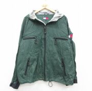 XL★古着 トミーヒルフィガー 長袖 ブランド ナイロン ジャケット パーカー メンズ 90年代 90s ワンポイントロゴ リップストップ 大きいサイズ 緑【spe】 25dec13