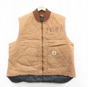 XL★古着 カーハート Carhartt ベスト メンズ 90年代 90s ワンポイントロゴ ダック地 コットン USA製 ベージュ カーキ 内側キルティング 【spe】 25oct15 中古 アウター