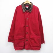 XL★古着 マルボロ 長袖 ジャケット メンズ 90年代 90s ダック地 襟レザー 大きいサイズ ロング丈 コットン 赤他【spe】 25dec15