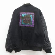 XL★古着 長袖 スタジャン メンズ PLANET 刺繍 袖レザー 大きいサイズ 黒【spe】 26jan24