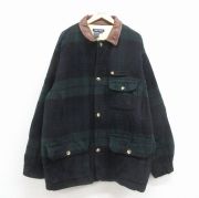XL★古着 ノーティカ 長袖 ブランド ウール ジャケット コート メンズ 90年代 90s 大きいサイズ ロング丈 襟レザー 緑 チェック 内側キルティング【spe】 26jan31