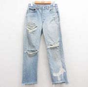W29★古着 ジーンズ Levis リーバイス 501 メンズ 90年代 90s コットン USA製 薄紺 ネイビー デニム ダメージ加工 【spe】 25jul17 中古 ボトムス ジーパン Gパン ロング パンツ