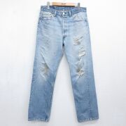 W34★古着 ジーンズ Levis リーバイス 501 メンズ 90年代 90s ボロ コットン USA製 ネイビー デニム【spe】 26jun25