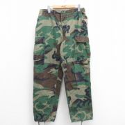 W33★古着 ミリタリー カーゴ パンツ メンズ 90年代 90s コンバット リップストップ ウッドランドカモ コットン USA製 緑 グリーン 迷彩 【spe】 25sep25 中古 ボトムス ロング