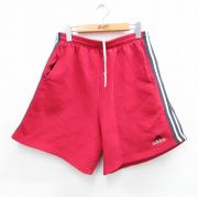 W33★古着 アディダス adidas ショート スウェット パンツ ショーツ メンズ 90年代 90s ワンポイントロゴ USA製 赤 レッド 3本ライン 【spe】 25aug12 中古 ボトムス 短パン ショーパン