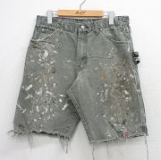 W34★古着 ディッキーズ ショート ペインター パンツ ショーツ メンズ ボロ ダック地 コットン 緑系【spe】 26mar26