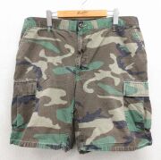 W38★古着 ショート ミリタリー カーゴ パンツ ショーツ メンズ 90年代 90s コンバット リップストップ ウッドランドカモ コットン グリーン 迷彩【spe】 26jun16