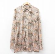 L★古着 長袖 シャツ メンズ 70年代 70s 総柄 ロング丈 薄茶他 ブラウン 【spe】 25aug05 中古 トップス