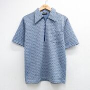 S★古着 半袖 ハーフジップ シャツ メンズ 70年代 70s 総柄 ネイビー【spe】 26may30