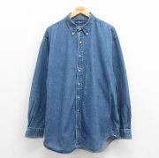 XL★古着 ラルフローレン Ralph Lauren 長袖 ブランド シャツ メンズ 90年代 90s ワンポイントロゴ 大きいサイズ ロング丈 コットン ボタンダウン 紺 ネイビー デニム 【spe】 25aug18 中古 トップス