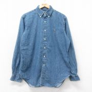 L★古着 ラルフローレン Ralph Lauren 長袖 ブランド シャツ メンズ 90年代 90s ワンポイントロゴ コットン ボタンダウン 紺 ネイビー デニム 【spe】 25aug25 中古 トップス