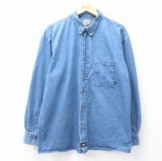 XL★古着 ディッキーズ Dickies 長袖 ブランド シャツ メンズ 大きいサイズ ロング丈 コットン ボタンダウン 紺 ネイビー デニム 【spe】 25sep18 中古 トップス