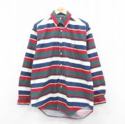 L★古着 トミーヒルフィガー TOMMY HILFIGER 長袖 ブランド シャツ メンズ 90年代 90s ロング丈 コットン ボタンダウン 緑他 グリーン ボーダー 【spe】 25oct15 中古 トップス