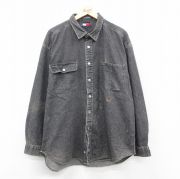 XL★古着 トミーヒルフィガー TOMMY HILFIGER 長袖 ブランド シャツ メンズ 90年代 90s ワンポイントロゴ 大きいサイズ ロング丈 コットン 黒 ブラック デニム 【spe】 25oct15 中古 トップス