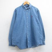 XL★古着 ラルフローレン Ralph Lauren 長袖 ブランド シャツ メンズ 90年代 90s ワンポイントロゴ 大きいサイズ ロング丈 コットン ボタンダウン 紺 ネイビー デニム 【spe】 25oct20 中古 トップス