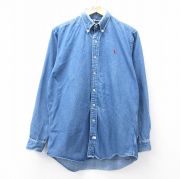 L★古着 ラルフローレン Ralph Lauren 長袖 ブランド シャツ メンズ 90年代 90s ワンポイントロゴ コットン ボタンダウン 紺 ネイビー デニム 【spe】 25oct27 中古 トップス