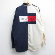 XL★古着 トミーヒルフィガー 長袖 ブランド シャツ メンズ 90年代 90s ビッグロゴ イカリ ツートンカラー 大きいサイズ ロング丈 コットン ボタンダウン 紺他【spe】 25nov19