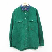 XL★古着 トミーヒルフィガー 長袖 ブランド シャツ メンズ 90年代 90s ワンポイントロゴ コーデュロイ 襟デニム 大きいサイズ ロング丈 コットン 緑他【spe】 26feb19