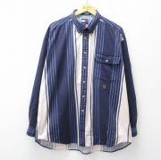 XL★古着 トミーヒルフィガー 長袖 ブランド シャツ メンズ 90年代 90s ワンポイントロゴ 大きいサイズ ロング丈 コットン ボタンダウン 紺他 ストライプ【spe】 26apr01