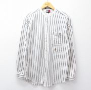 L★古着 トミーヒルフィガー 長袖 ブランド シャツ メンズ 90年代 90s ワンポイントロゴ コットン ノーカラー 白他 ストライプ【spe】 26apr08