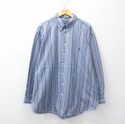 XL★古着 ラルフローレン 長袖 ブランド シャツ メンズ 90年代 90s ワンポイントロゴ 大きいサイズ ロング丈 コットン ボタンダウン 紺他 ストライプ【spe】 26apr20