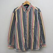 XL★古着 トミーヒルフィガー 長袖 ブランド シャツ メンズ 90年代 90s ワンポイントロゴ 大きいサイズ ボタンダウン 白他 ストライプ【spe】 26apr30