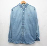 XL★古着 ラルフローレン 長袖 ブランド シャツ メンズ 90年代 90s ワンポイントロゴ コットン ボタンダウン 紺 デニム【spe】 26may09