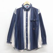 XL★古着 トミーヒルフィガー 長袖 ブランド シャツ メンズ 90年代 90s ワンポイントロゴ 大きいサイズ コットン ボタンダウン ネイビー ストライプ【spe】 26jun12
