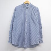 XL★古着 ラルフローレン 長袖 ブランド シャツ メンズ 90年代 90s ワンポイントロゴ 大きいサイズ ロング丈 コットン ボタンダウン ブルー ストライプ【spe】 26jun24