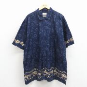 XL★古着 セントジョンズベイ 半袖 ハワイアン シャツ メンズ 00年代 00s ハイビスカス 大きいサイズ ロング丈 コットン 紺他【spe】 26apr25