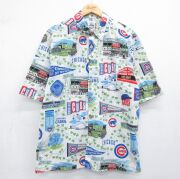 L★古着 レインスプーナー 半袖 ハワイアン シャツ メンズ 00年代 00s MLB シカゴカブス コットン ホワイト ストライプ メジャーリーグ ベースボール 野球【spe】 26may20