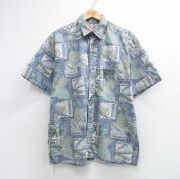 XL★古着 半袖 ハワイアン シャツ メンズ 魚 カメ コットン ハワイ製 ネイビー【spe】 26may21