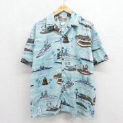 XL★古着 半袖 ハワイアン シャツ メンズ 90年代 90s 軍艦 開襟 オープンカラー ハワイ製 ライトブルー【spe】 26may28