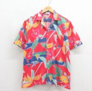 L★古着 ラコステ LACOSTE IZOD 半袖 ブランド ハワイアン シャツ メンズ 90年代 90s ヤシの木 ハイビスカス コットン 開襟 オープンカラー レッド【spe】 26jun09