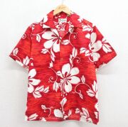 L★古着 半袖 ハワイアン シャツ メンズ 70年代 70s ハイビスカス コットン 開襟 オープンカラー レッド【spe】 26jun19