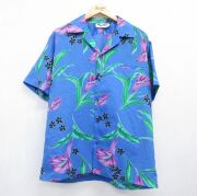 XL★古着 半袖 ハワイアン シャツ メンズ 90年代 90s 花 開襟 オープンカラー ハワイ製 ブルー【spe】 26jun22