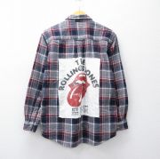 L★古着 レッドキャップ 長袖 ロック バンド フランネル シャツ メンズ ローリングストーンズ The Rolling Stones コットン ボタンダウン 紺他 ネイビー チェック 【spe】 25oct02 中古 トップス
