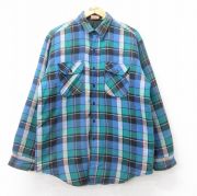 XL★古着 ファイブブラザー 長袖 フランネル シャツ メンズ 90年代 90s ボロ ロング丈 薄紺他 ネイビー チェック 内側キルティング 【spe】 25oct03 中古 トップス