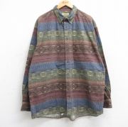 XL★古着 カベラス 長袖 ヘビー フランネル シャツ メンズ ネイティブ柄 ラグ柄 シャモア 大きいサイズ ロング丈 コットン ボタンダウン 濃緑他 グリーン 【spe】 25oct20 中古 トップス