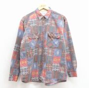 L★古着 長袖 フランネル シャツ メンズ パッチワークプリント コットン 薄紺【spe】 25dec15