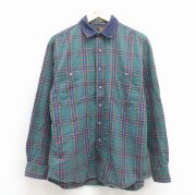 L★古着 エディーバウアー 長袖 フランネル シャツ メンズ 90年代 90s 襟コーデュロイ コットン 緑他 チェック【spe】 26feb02