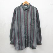 XL★古着　エルエルビーン  長袖 ヘビー フランネル シャツ メンズ 90年代 90s ヘリンボーン 大きいサイズ ロング丈 コットン グリーン他 ストライプ【spe】 26may16