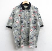 XL★古着 半袖 ポロ シャツ メンズ 車 ハイビスカス 総柄 大きいサイズ コットン 濃緑系 グリーン 【spe】 25aug22 中古 トップス