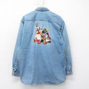 XL★古着 長袖 シャツ メンズ 90年代 90s ルーニーテューンズ LOONEY TUNES バッグスバニー トゥイーティー ダフィーダック 刺繍 ロング丈 コットン ボタンダウン 紺 ネイビー デニム 【spe】 25aug04 中古 トップス